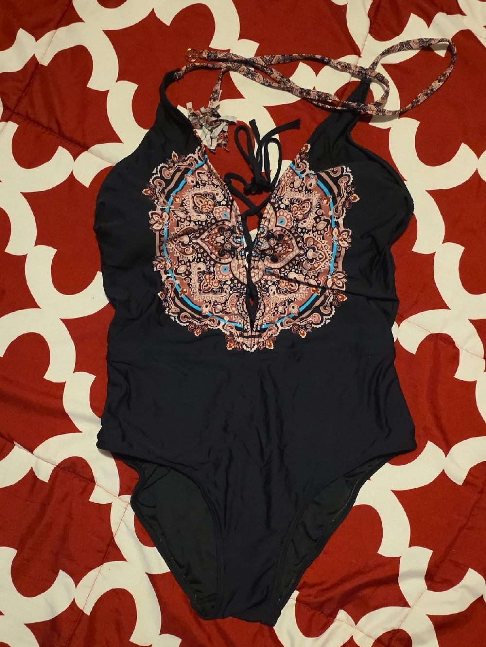 Black One-Piece Swimsuit with Pink and Blue Paisley Front